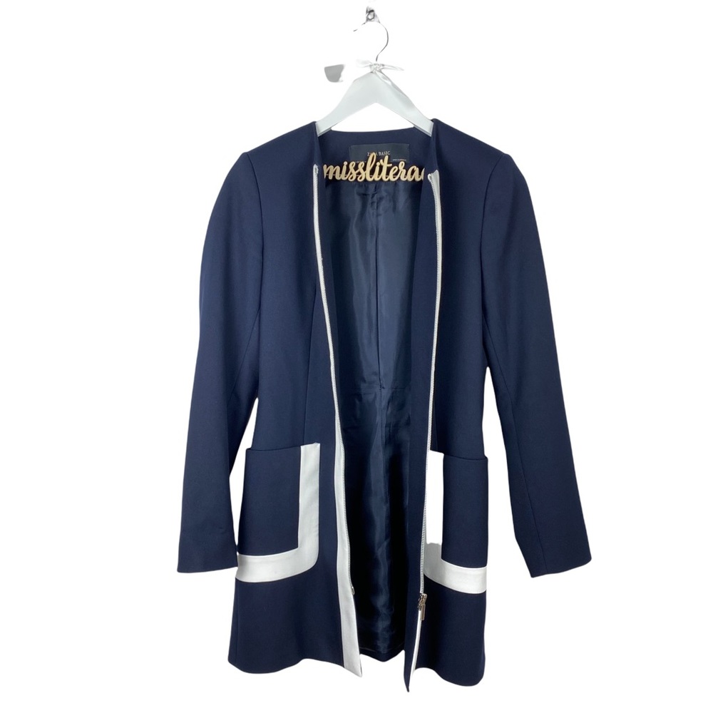 Zara Basic Collection Navy Blue Longline Salon Style Blazer with Shoulder Pads S